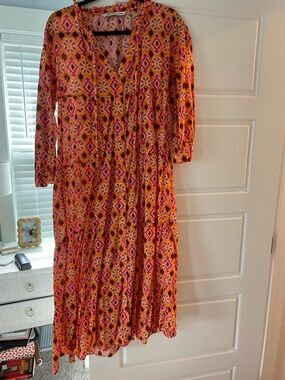 Zara Orange & Pink Printed Tiered V-Neck Maxi Dress